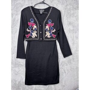 Carole‎ Little Dress Cardigan Set L Black Wool Blend Embroidered Knit